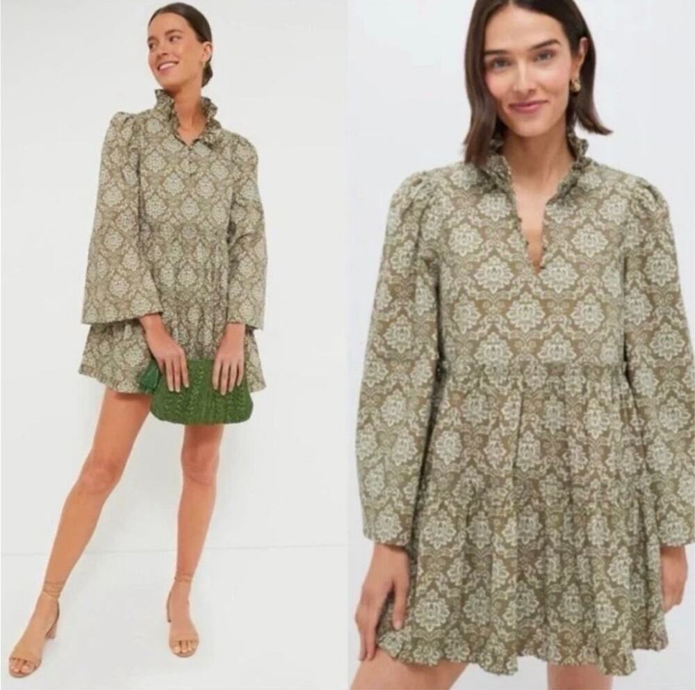 Tuckernuck Hyacinth House Russell Mini Dress XXS Olive Floral Bell Sleeve NWT